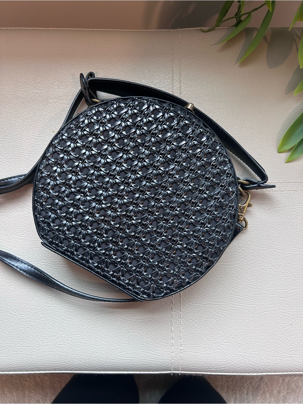 Anthropologie Black Woven Round Crossbody Bag
